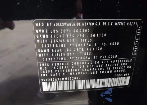 2021 Volkswagen Tiguan 2.0T Se/2.0T Se R-Line Black/2.0T Sel z USA, uszkodzony, nr VIN 3VV2B7AX9MM132685